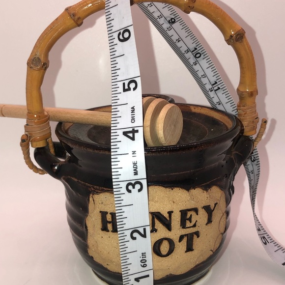 Studio Art Pottery Honey Pot With Lid And Dipper, Bamboo Handle, Signed - Picture 10 of 11